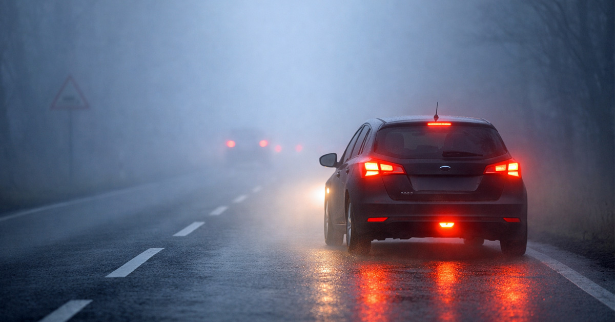 Ein Pkw fährt bei dichtem Nebel auf einer Landstraße.