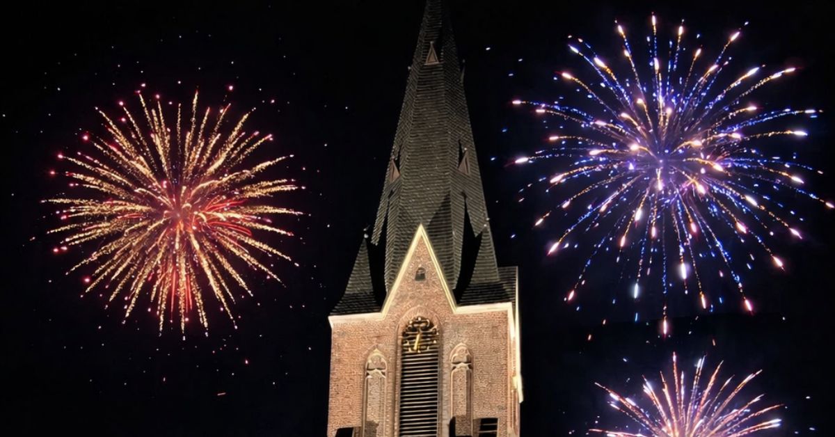 Silvesterraketen erleuchten den Himmel über der St.-Silvester-Kirche in Erle zum Jahreswechsel.