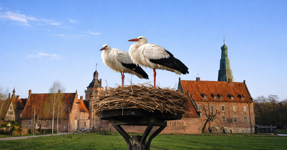 Storchenpaar auf dem Nest am Rabodoweg mit Blick auf Schloss Raesfeld