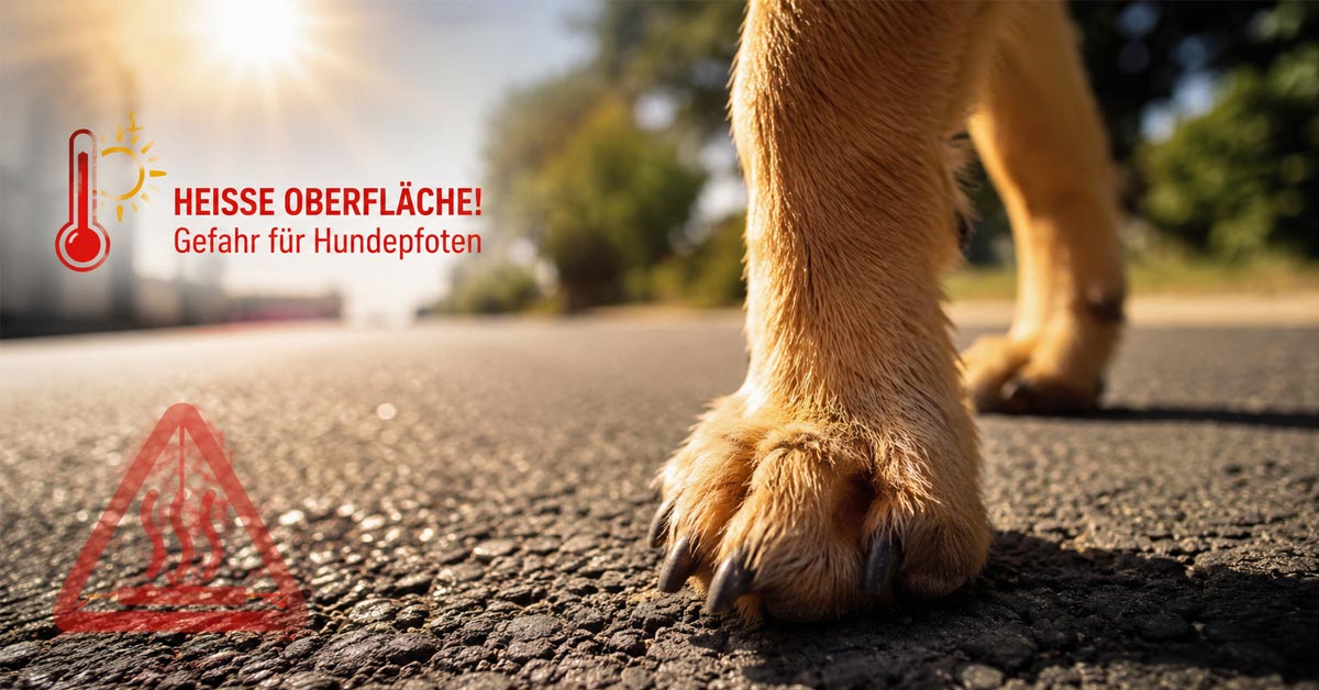 Hundepfote auf aufgeheiztem Asphalt bei sommerlicher Hitze mit Warnhinweis vor Verbrennungen.