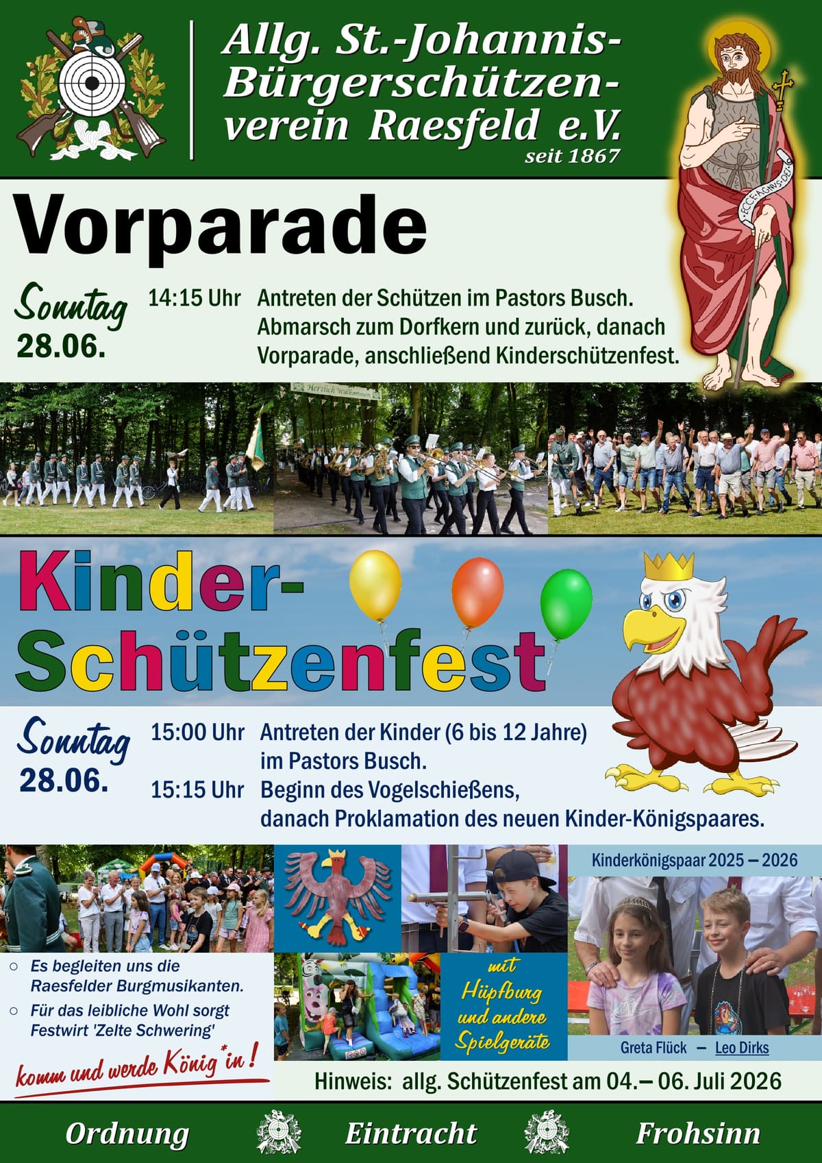 Plakat mit Zeiten zur Vorparade und zum Kinderschützenfest Raesfeld 2026