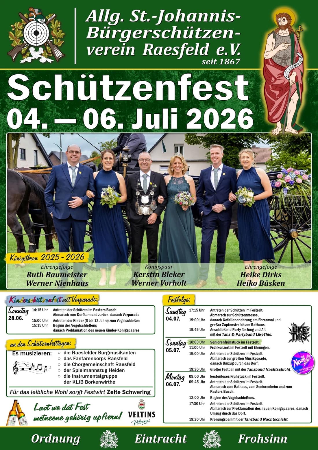 Plakat zum Schützenfest Raesfeld 2026 mit Programm vom 4. bis 6. Juli