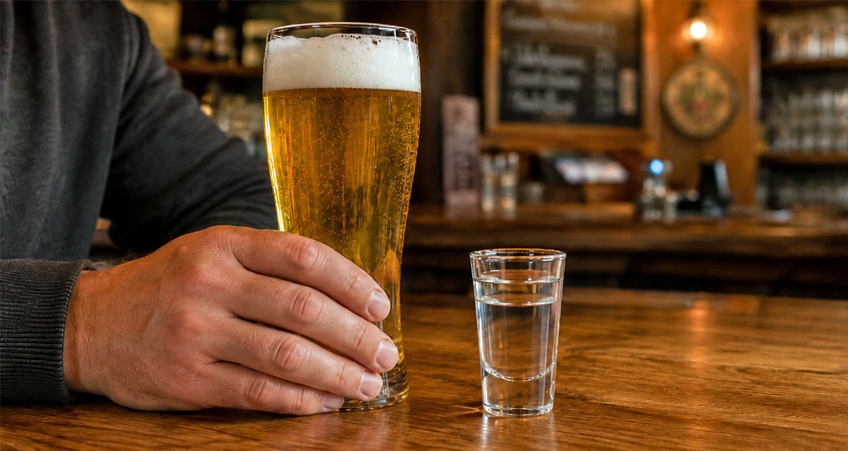 Hand hält ein Bierglas auf der Theke, daneben steht ein Pinnchen Korn.