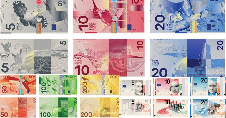 Collage mit Entwürfen für neue Euro-Banknoten im Rahmen der EZB-Umfrage