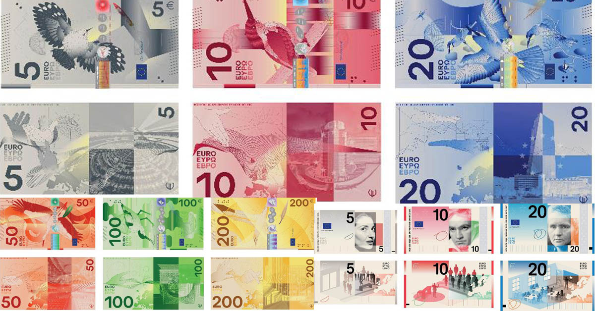 Collage mit Entwürfen für neue Euro-Banknoten im Rahmen der EZB-Umfrage