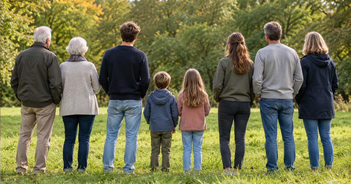 Menschen verschiedener Generationen auf einer Wiese, Symbolbild zum Durchschnittsalter in Raesfeld.
