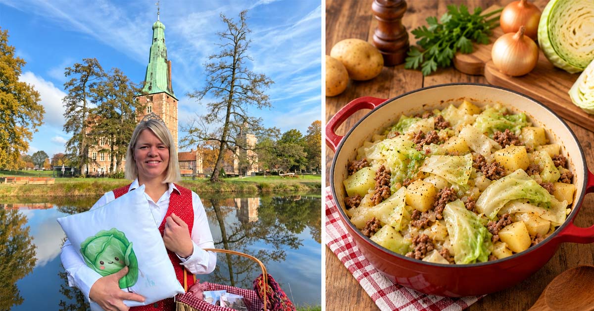 Kappeskönigin Katharina I. vor Schloss Raesfeld neben einer Weißkohlpfanne mit Hackfleisch und Kartoffeln.